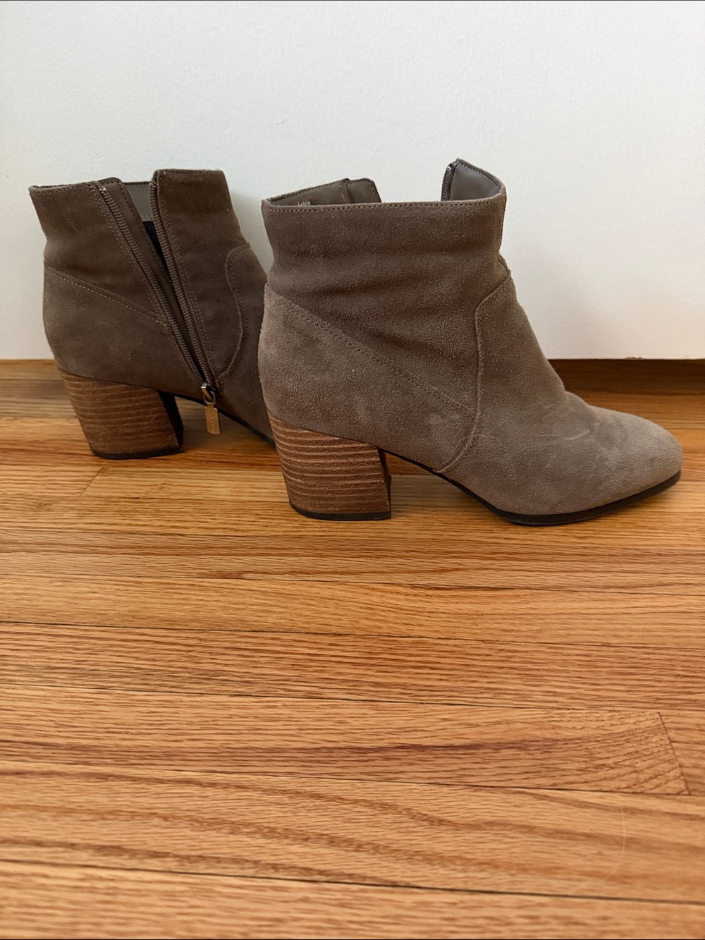 Blondo Taupe Suede Ankle Booties with Stacked Heel